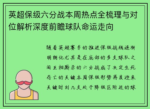 英超保级六分战本周热点全梳理与对位解析深度前瞻球队命运走向 英超保级六分战本周热点全梳理与对位解析深度前瞻球队命运走向